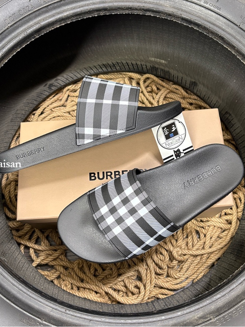 Burberry Black & White Check Slide Sandals